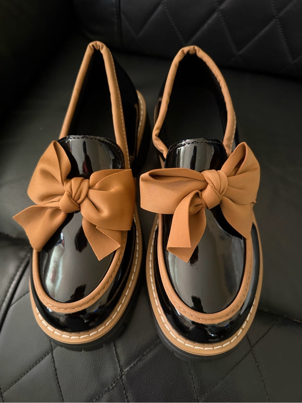 Patent Black Loafers with Tan Bow Accent